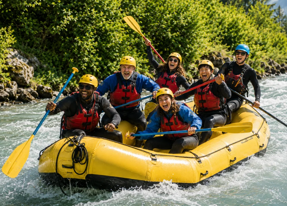Rafting per famiglie tra fiume alpino e lago turchese nelle Alpi svizzere